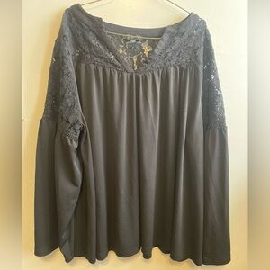 Lane Bryant Tunic Black Plus Sz 18/20 Lace & Crepe Bell Long Sleeve Crew Neck